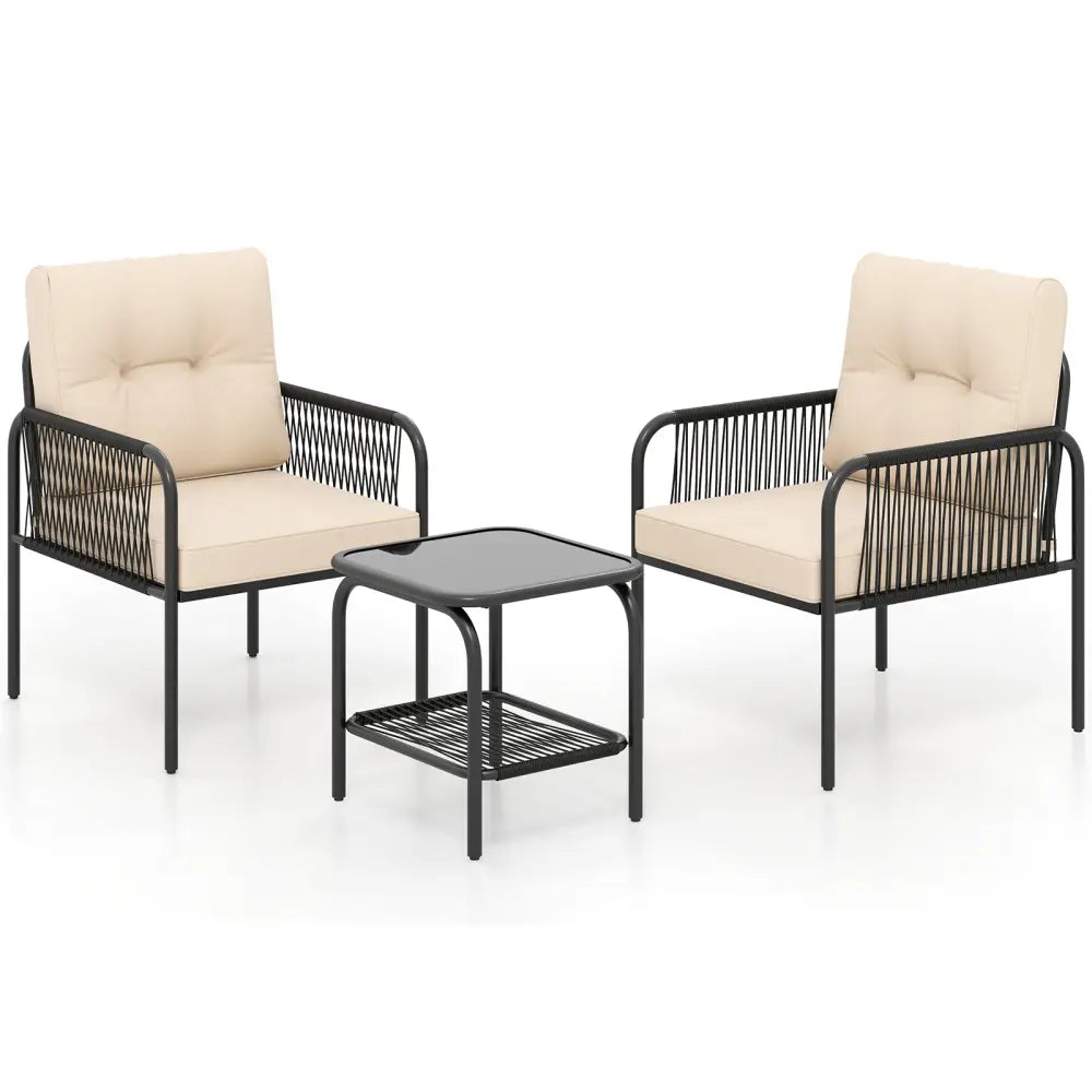 3 Pieces Patio Bistro PE Outdoor Wicker Rattan Furniture Conversation Set-Beige - Beige - Patio Conversation Sets