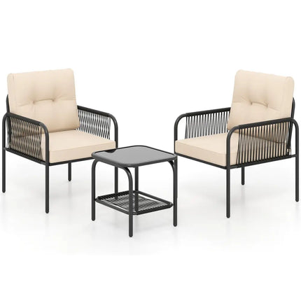 3 Pieces Patio Bistro PE Outdoor Wicker Rattan Furniture Conversation Set-Beige - Beige - Patio Conversation Sets