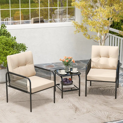 3 Pieces Patio Bistro PE Outdoor Wicker Rattan Furniture Conversation Set-Beige - Beige - Patio Conversation Sets