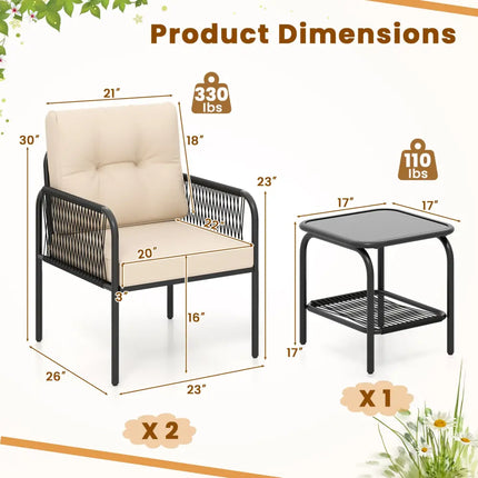 3 Pieces Patio Bistro PE Outdoor Wicker Rattan Furniture Conversation Set-Beige - Beige - Patio Conversation Sets