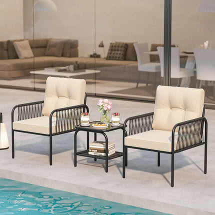 3 Pieces Patio Bistro PE Outdoor Wicker Rattan Furniture Conversation Set-Beige - Beige - Patio Conversation Sets
