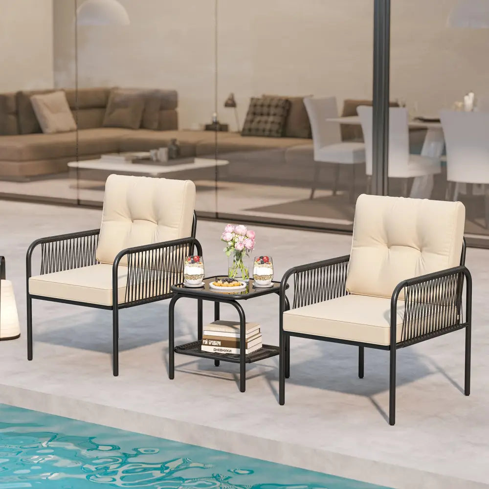 3 Pieces Patio Bistro PE Outdoor Wicker Rattan Furniture Conversation Set-Beige - Beige - Patio Conversation Sets