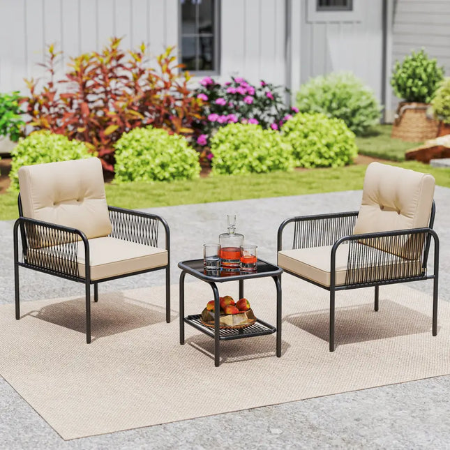 3 Pieces Patio Bistro PE Outdoor Wicker Rattan Furniture Conversation Set-Beige - Beige - Patio Conversation Sets