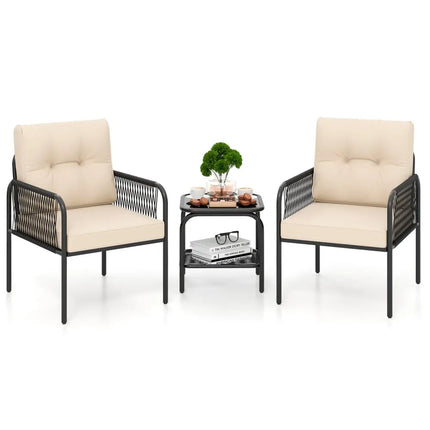 3 Pieces Patio Bistro PE Outdoor Wicker Rattan Furniture Conversation Set-Beige - Beige - Patio Conversation Sets