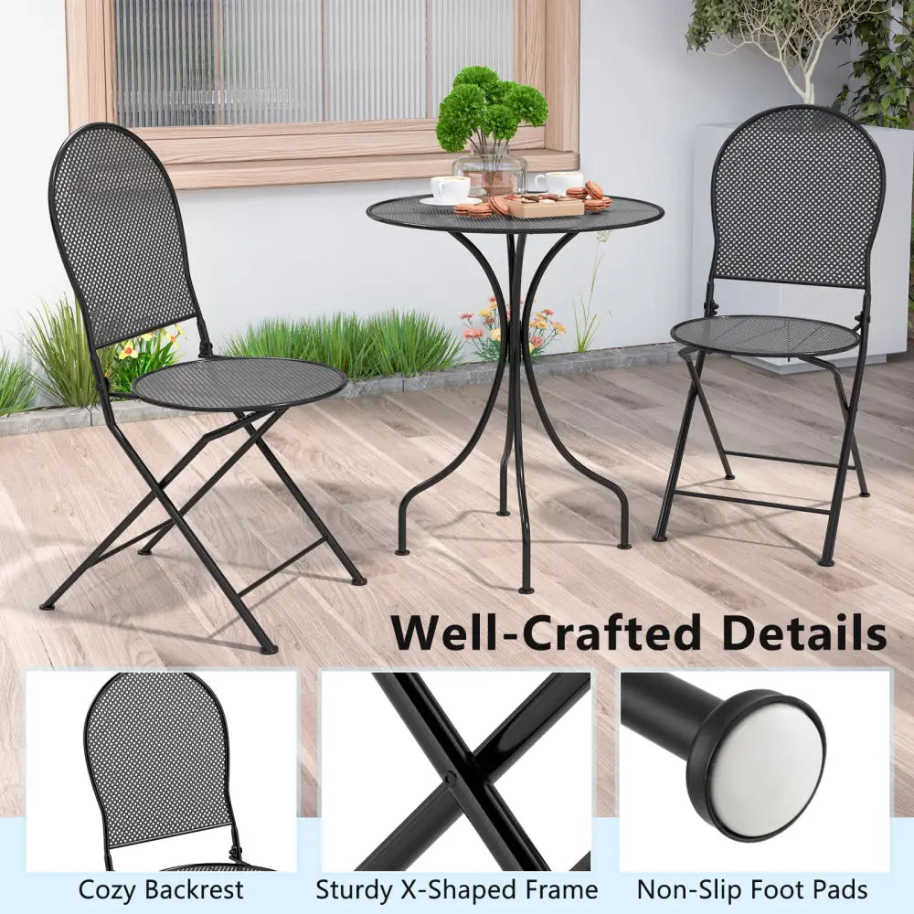 3 Pieces Patio Bistro Set Outdoor Conversation Furniture Table and Folding Chair - Black - Patio Dining Sets