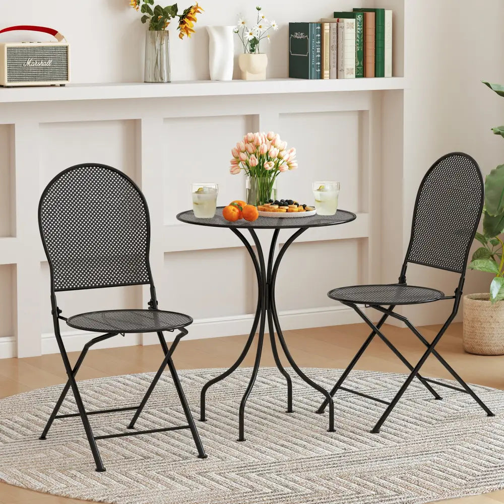 3 Pieces Patio Bistro Set Outdoor Conversation Furniture Table and Folding Chair - Black - Patio Dining Sets