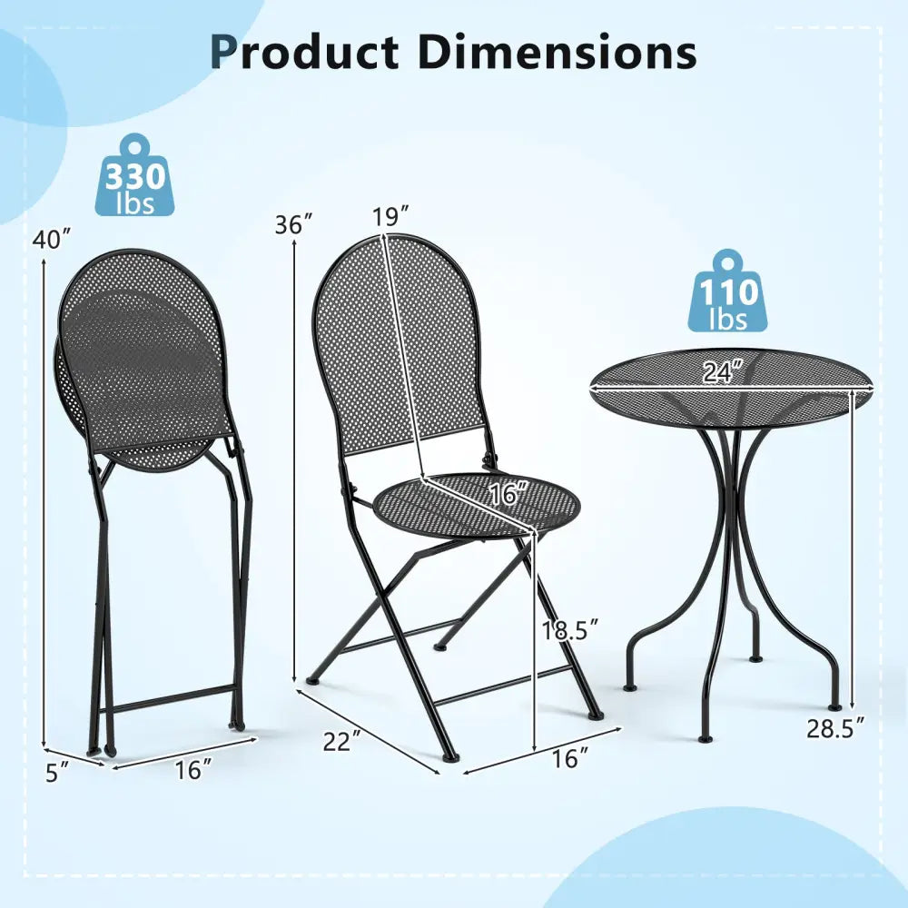 3 Pieces Patio Bistro Set Outdoor Conversation Furniture Table and Folding Chair - Black - Patio Dining Sets