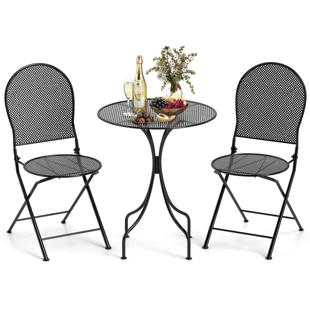 3 Pieces Patio Bistro Set Outdoor Conversation Furniture Table and Folding Chair - Black - Patio Dining Sets