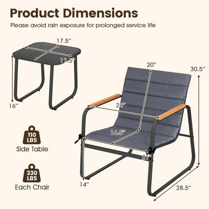 3 Pieces Patio Bistro Set Outdoor Fabric Conversation Set-Gray - Gray - Patio Conversation Sets