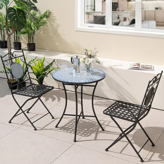 3 Pieces Patio Bistro Set Outdoor Furniture Mosaic Table Chairs - Black - Patio Conversation Sets