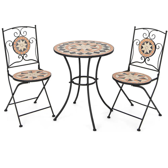 3 Pieces Patio Bistro Set with 1 Round Mosaic Table and 2 Folding Chairs - Black - Patio Conversation Sets
