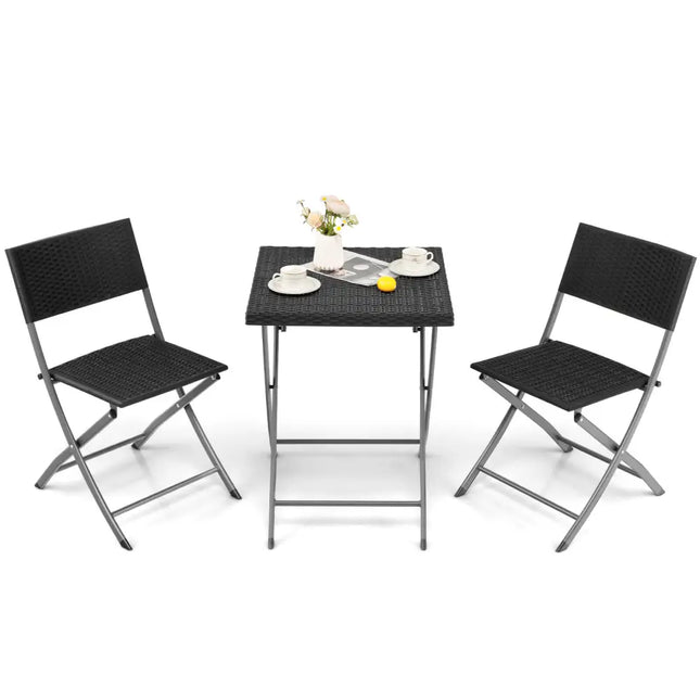 3 Pieces Patio Bistro Set with Folding Wicker Chairs and Table-Black - Black - Patio Conversation Sets