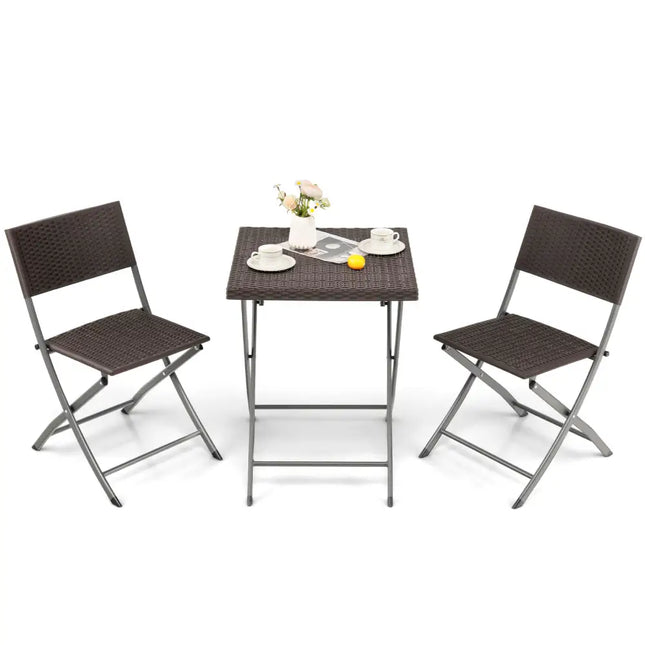 3 Pieces Patio Bistro Set with Folding Wicker Chairs and Table-Brown - Brown - Patio Conversation Sets