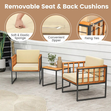 3 Pieces Patio Chair Set Acacia Wood Outdoor Sofa Set with Soft Cushions-Beige - Beige - Patio Conversation Sets
