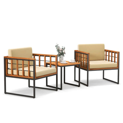 3 Pieces Patio Chair Set Acacia Wood Outdoor Sofa Set with Soft Cushions-Beige - Beige - Patio Conversation Sets