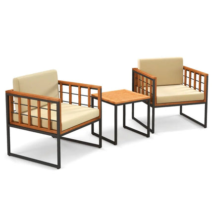 3 Pieces Patio Chair Set Acacia Wood Outdoor Sofa Set with Soft Cushions-Beige - Beige - Patio Conversation Sets