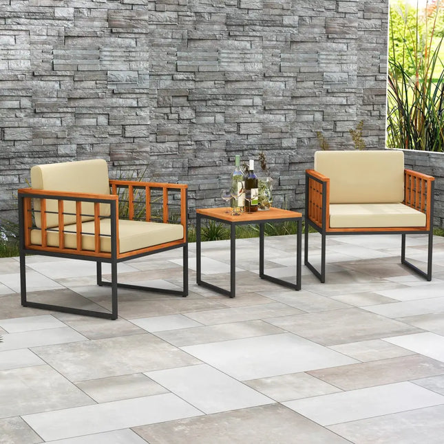 3 Pieces Patio Chair Set Acacia Wood Outdoor Sofa Set with Soft Cushions-Beige - Beige - Patio Conversation Sets
