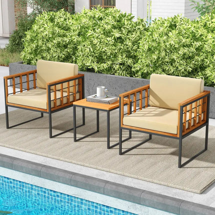 3 Pieces Patio Chair Set Acacia Wood Outdoor Sofa Set with Soft Cushions-Beige - Beige - Patio Conversation Sets