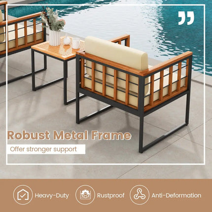 3 Pieces Patio Chair Set Acacia Wood Outdoor Sofa Set with Soft Cushions-Beige - Beige - Patio Conversation Sets