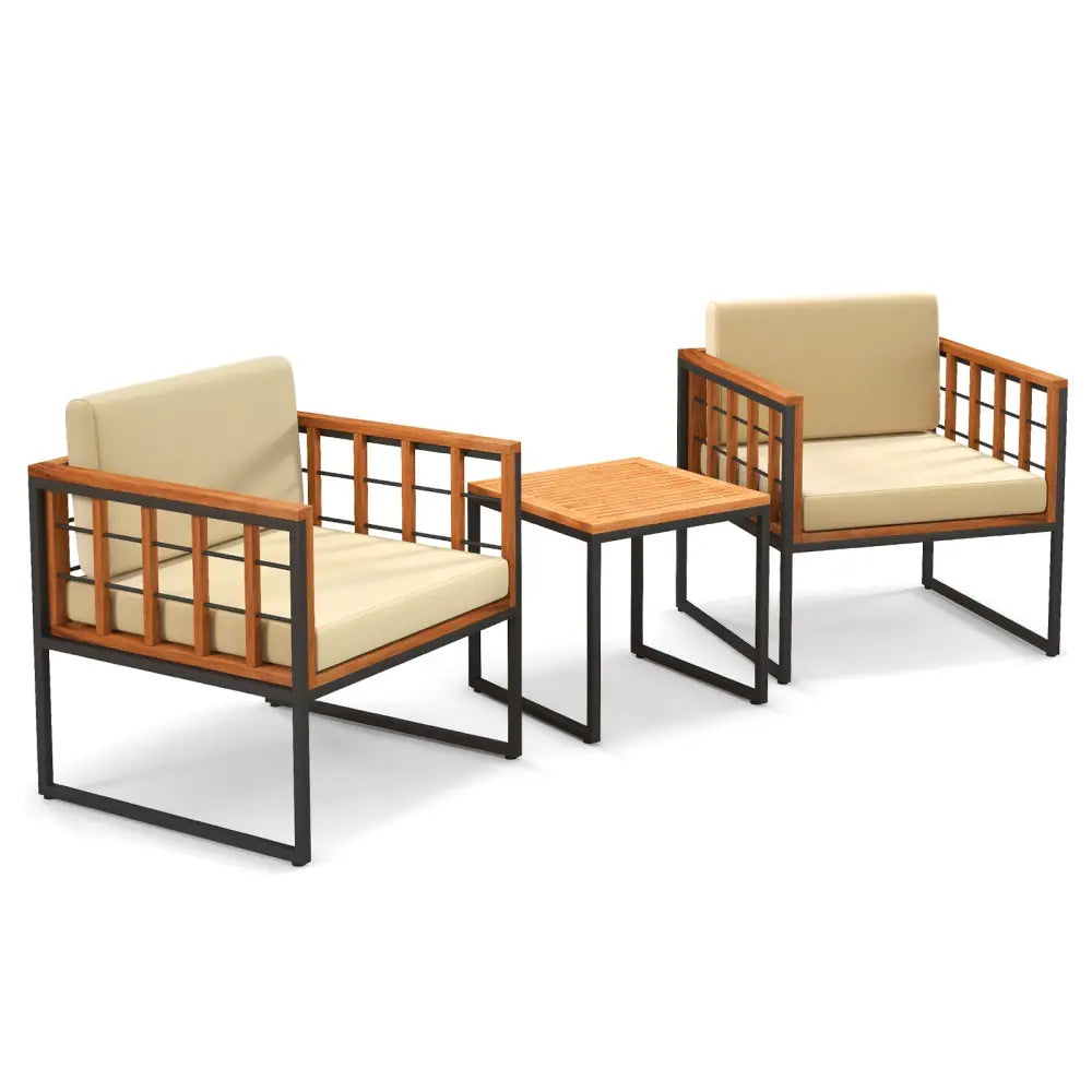 3 Pieces Patio Chair Set Acacia Wood Outdoor Sofa Set with Soft Cushions-Beige - Beige - Patio Conversation Sets