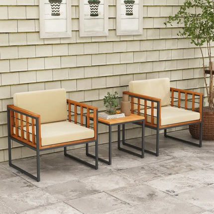 3 Pieces Patio Chair Set Acacia Wood Outdoor Sofa Set with Soft Cushions-Beige - Beige - Patio Conversation Sets