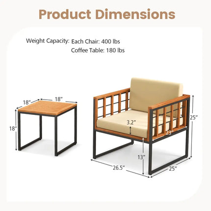 3 Pieces Patio Chair Set Acacia Wood Outdoor Sofa Set with Soft Cushions-Beige - Beige - Patio Conversation Sets
