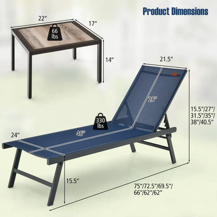 3 Pieces Patio Chaise Lounge Chair and Table Set for Poolside Yard-Navy - Navy - Outdoor Seating & Patio Chairs