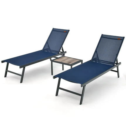3 Pieces Patio Chaise Lounge Chair and Table Set for Poolside Yard-Navy - Navy - Outdoor Seating & Patio Chairs
