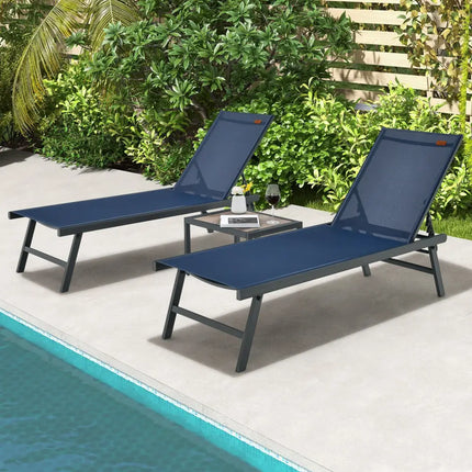 3 Pieces Patio Chaise Lounge Chair and Table Set for Poolside Yard-Navy - Navy - Outdoor Seating & Patio Chairs