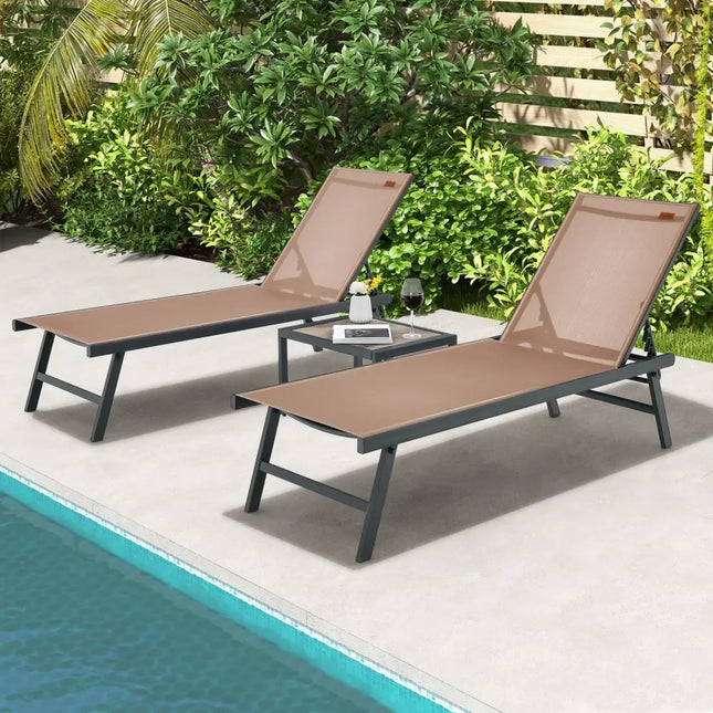 3 Pieces Patio Chaise Lounge Chair and Table Set for Poolside Yard-Brown - Brown - Outdoor Seating & Patio Chairs