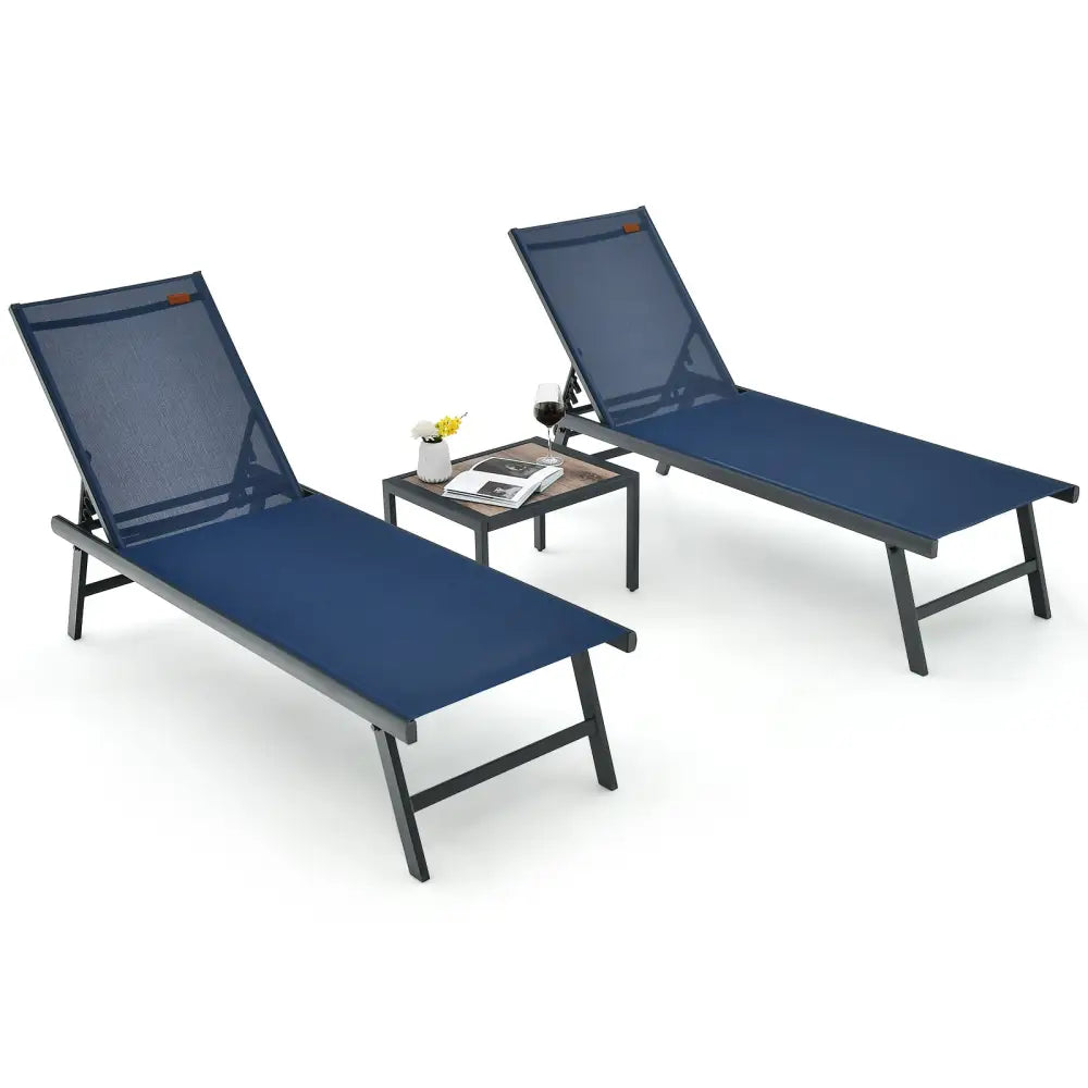 3 Pieces Patio Chaise Lounge Chair and Table Set for Poolside Yard-Navy - Navy - Outdoor Seating & Patio Chairs
