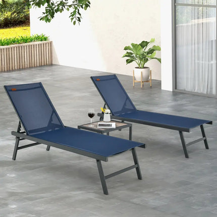 3 Pieces Patio Chaise Lounge Chair and Table Set for Poolside Yard-Navy - Navy - Outdoor Seating & Patio Chairs