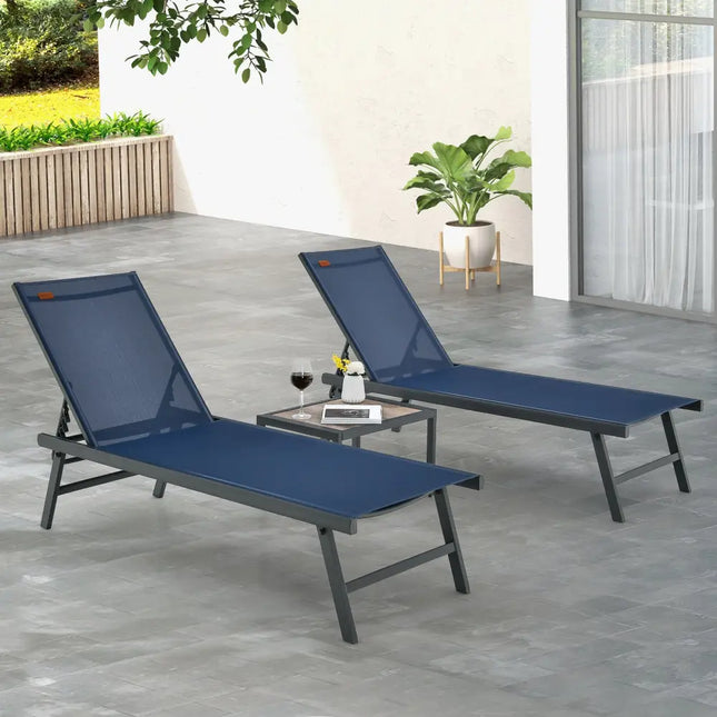 3 Pieces Patio Chaise Lounge Chair and Table Set for Poolside Yard-Navy - Navy - Outdoor Seating & Patio Chairs
