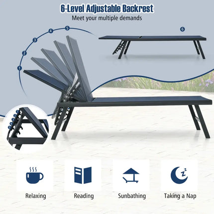 3 Pieces Patio Chaise Lounge Chair and Table Set for Poolside Yard-Navy - Navy - Outdoor Seating & Patio Chairs