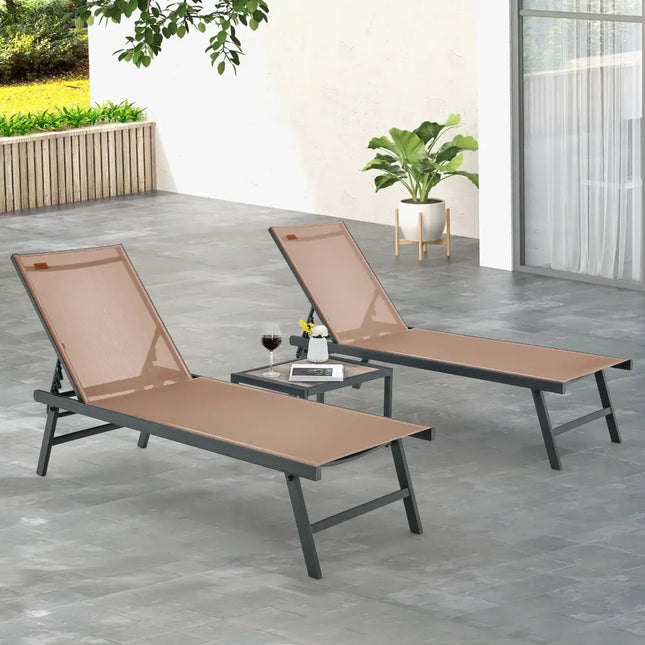 3 Pieces Patio Chaise Lounge Chair and Table Set for Poolside Yard-Brown - Brown - Outdoor Seating & Patio Chairs