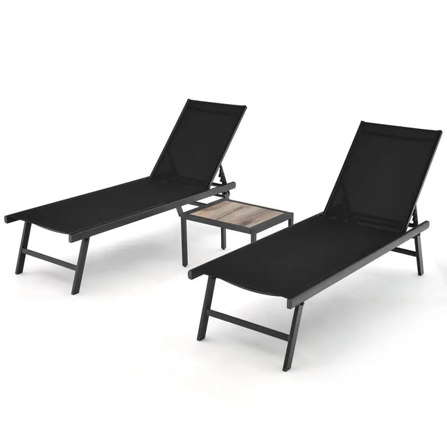 3 Pieces Patio Chaise Lounge Chair and Table Set for Poolside Yard-Black - Black - Outdoor Seating & Patio Chairs