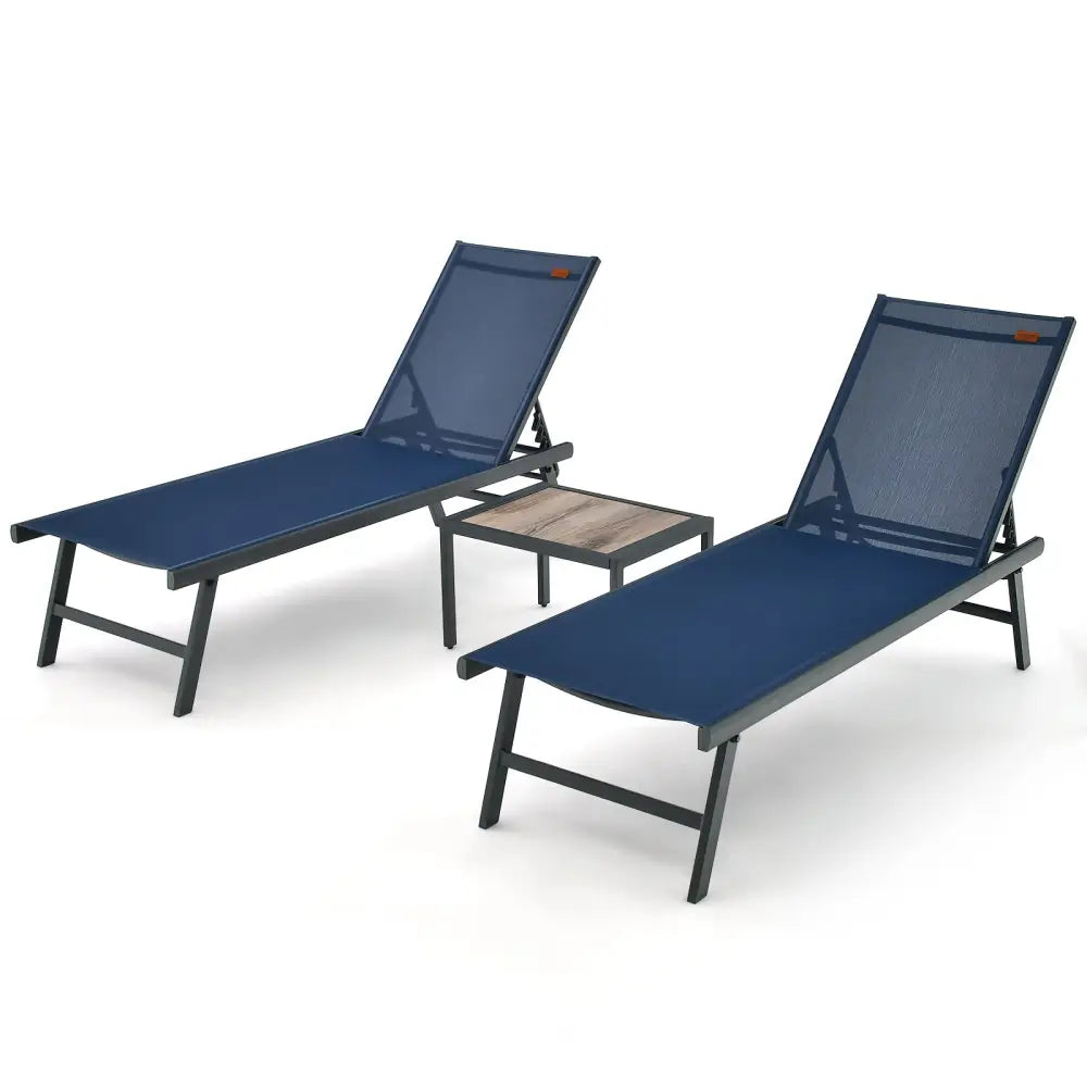 3 Pieces Patio Chaise Lounge Chair and Table Set for Poolside Yard-Navy - Navy - Outdoor Seating & Patio Chairs