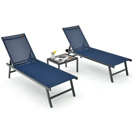 3 Pieces Patio Chaise Lounge Chair and Table Set for Poolside Yard-Navy - Navy - Outdoor Seating & Patio Chairs