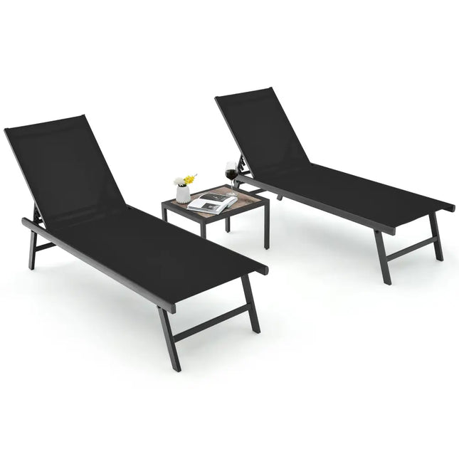3 Pieces Patio Chaise Lounge Chair and Table Set for Poolside Yard-Black - Black - Outdoor Seating & Patio Chairs