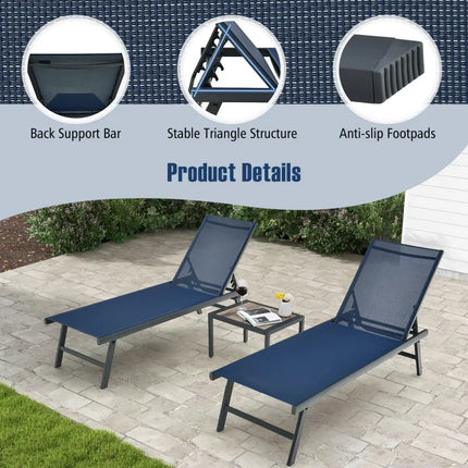 3 Pieces Patio Chaise Lounge Chair and Table Set for Poolside Yard-Navy - Navy - Outdoor Seating & Patio Chairs