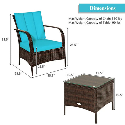 3 Pieces Patio Conversation Rattan Furniture Set with Cushions-Turquoise - Turquoise - Patio Conversation Sets