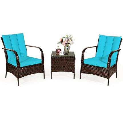 3 Pieces Patio Conversation Rattan Furniture Set with Cushions-Turquoise - Turquoise - Patio Conversation Sets