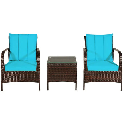 3 Pieces Patio Conversation Rattan Furniture Set with Cushions-Turquoise - Turquoise - Patio Conversation Sets