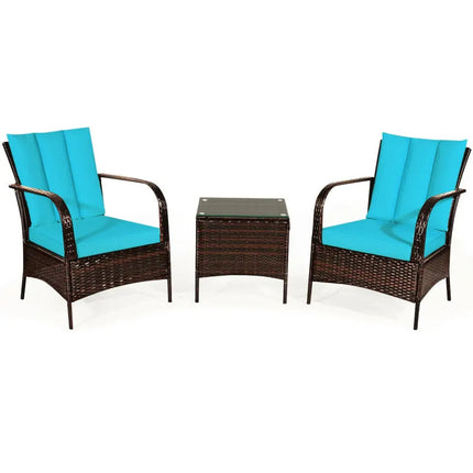 3 Pieces Patio Conversation Rattan Furniture Set with Cushions-Turquoise - Turquoise - Patio Conversation Sets