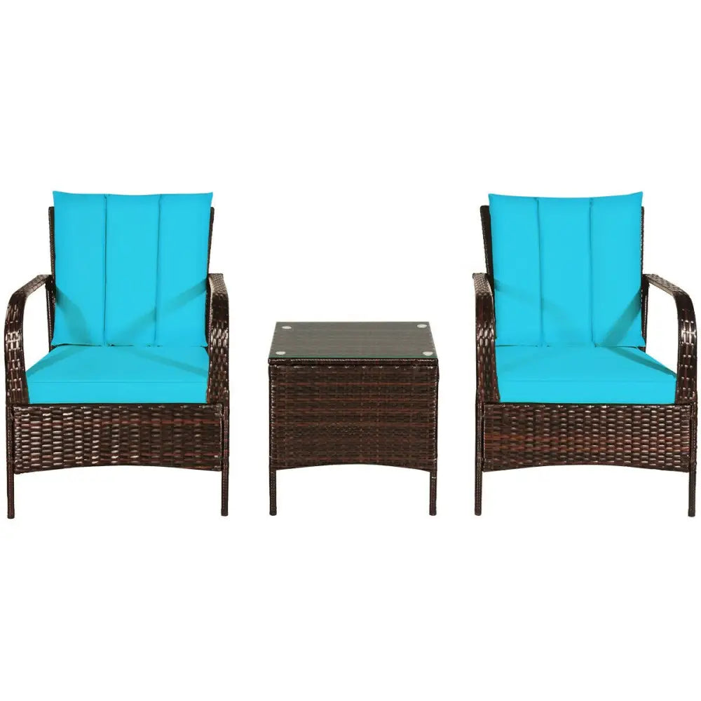 3 Pieces Patio Conversation Rattan Furniture Set with Cushions-Turquoise - Turquoise - Patio Conversation Sets