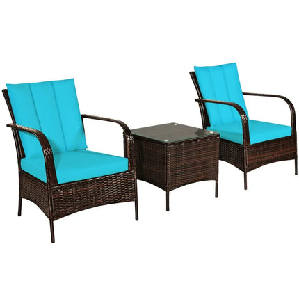 3 Pieces Patio Conversation Rattan Furniture Set with Cushions-Turquoise - Turquoise - Patio Conversation Sets