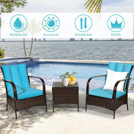 3 Pieces Patio Conversation Rattan Furniture Set with Cushions-Turquoise - Turquoise - Patio Conversation Sets