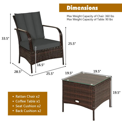 3 Pieces Patio Conversation Rattan Furniture Set with Cushions-Gray - Gray - Patio Conversation Sets