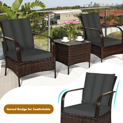 3 Pieces Patio Conversation Rattan Furniture Set with Cushions-Gray - Gray - Patio Conversation Sets