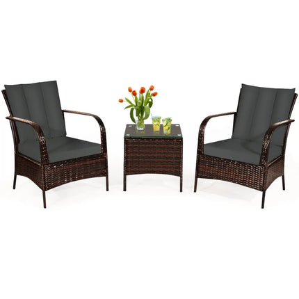 3 Pieces Patio Conversation Rattan Furniture Set with Cushions-Gray - Gray - Patio Conversation Sets